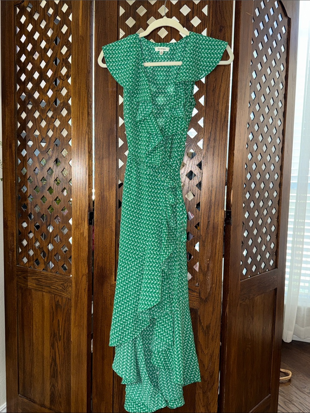 Max Studio Women's Green Ruffle High-Low Wrap Dress